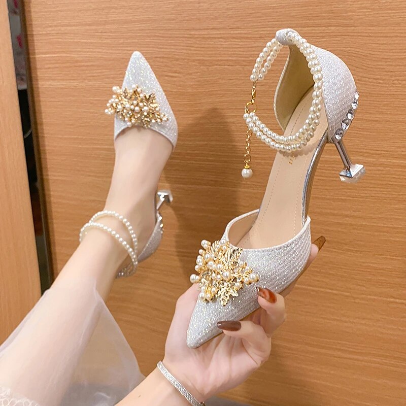 Hnewly Ladies Shoes on Sale New Fashion Pointed Metal Beaded Solid Women's High Heels Summer Leisure Banquet Women Wedding Pump