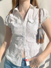 Hnewly - summer inspo Single Breasted Puff Sleeve White Shirts For Women Button Turn Down Collar Pockets Simple Casual Safari Style Tops