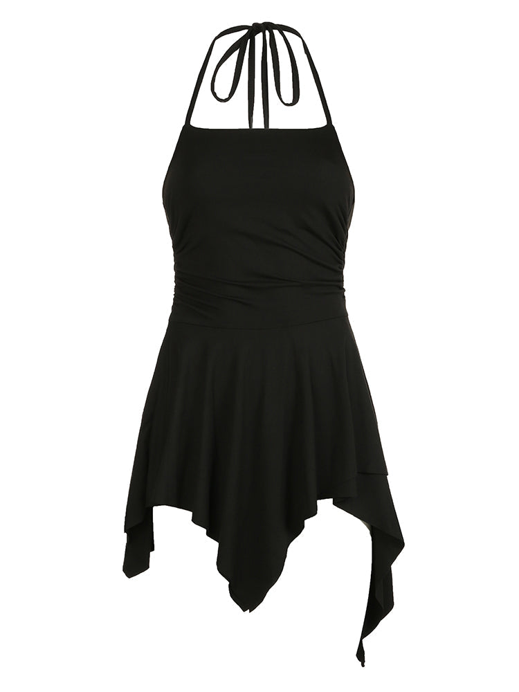 Hnewly - wedding guest outfit Backless Halter Lace Up Sexy Boho Asymmetrical Short Dress For Women Sleeveless Skinny A Line Rave Baddie Vacation Outfits