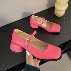 Hnewly Red Med Heels Mary Jane Shoes for Women Square Toe Ankle Buckle Pumps Woman Pu Leather Thick Heeled Party Shoes Ladies