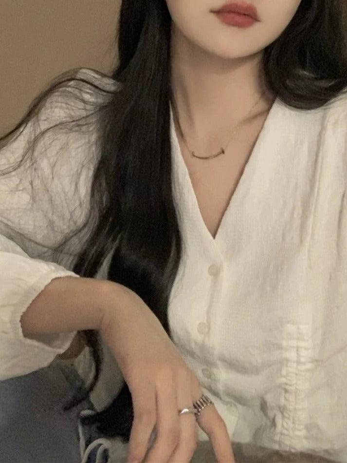 Hnewly Lace Up Button Front Long Sleeve Blouse