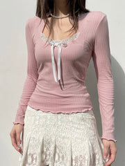 Hnewly - Japanese Kawaii Sweet Pink Knitted Ribbed Tee Contrast Lace Tie Bow Square Collar Long Sleeve Basic Spring Autumn T Shirt Women