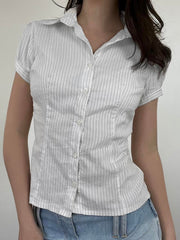 Hnewly - summer inspo White Stripe Puff Short Sleeve Button Shirts For Women Basic Simple Casual Seumme Preppy Tops Y2K Korean Clothes