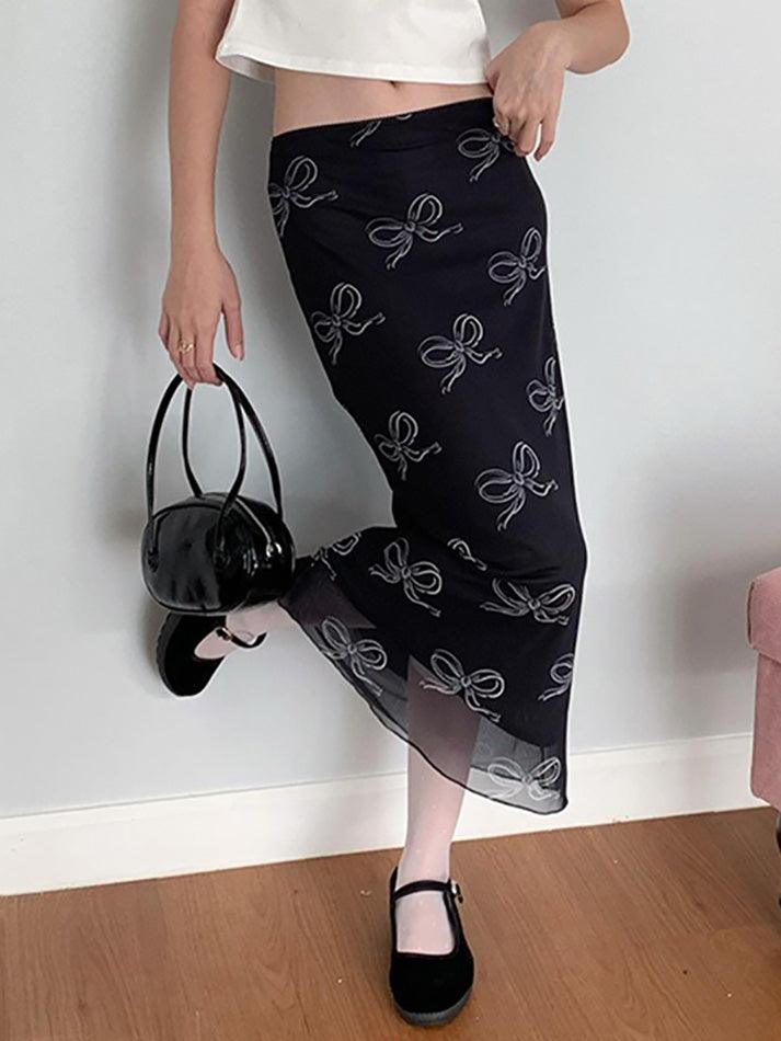 hnewly - Vintage Bow Print Mesh Midi Skirt hnewly