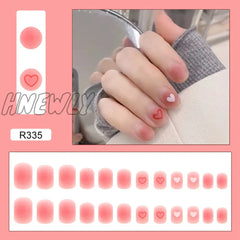 24Pcs/Box Fake Nails Press On Short Reusable With Designs Set French Artificial Pink Kawaii False