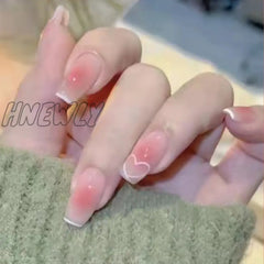 24Pcs/Box Fake Nails Press On Short Reusable With Designs Set French Artificial Pink Kawaii False