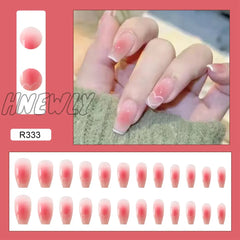 24Pcs/Box Fake Nails Press On Short Reusable With Designs Set French Artificial Pink Kawaii False