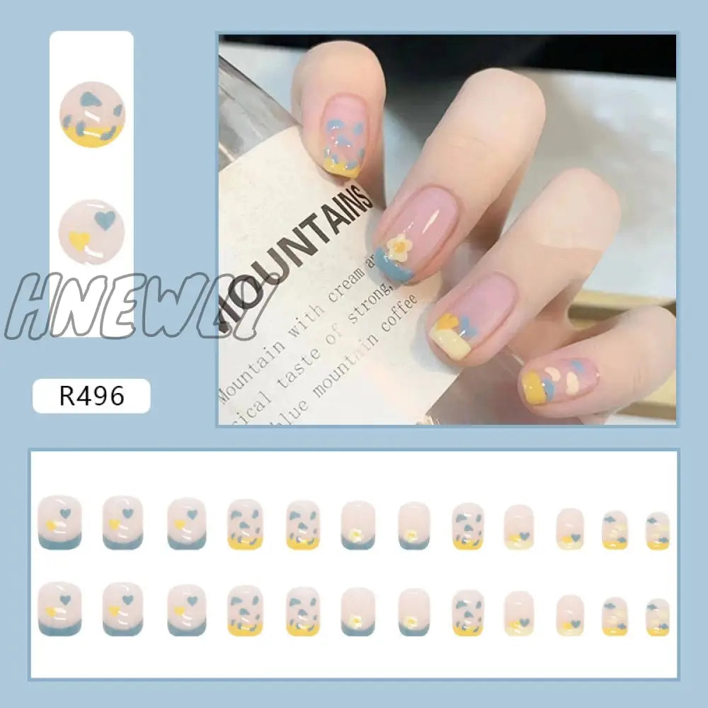 24Pcs/Box Fake Nails Press On Short Reusable With Designs Set French Artificial Pink Kawaii False