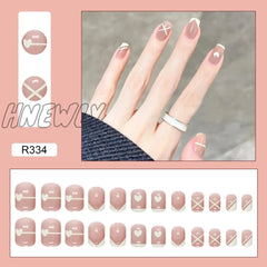 24Pcs/Box Fake Nails Press On Short Reusable With Designs Set French Artificial Pink Kawaii False