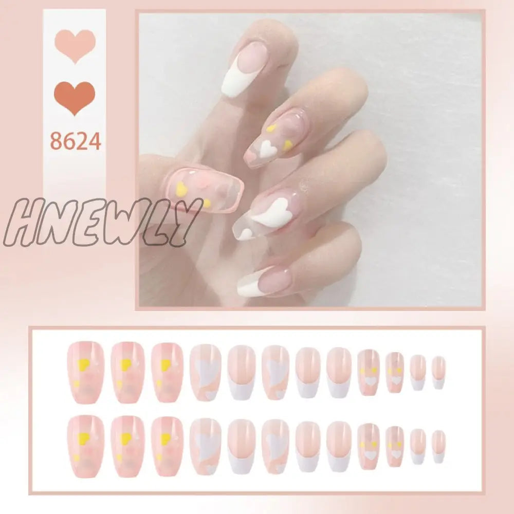 24Pcs/Box Fake Nails Press On Short Reusable With Designs Set French Artificial Pink Kawaii False