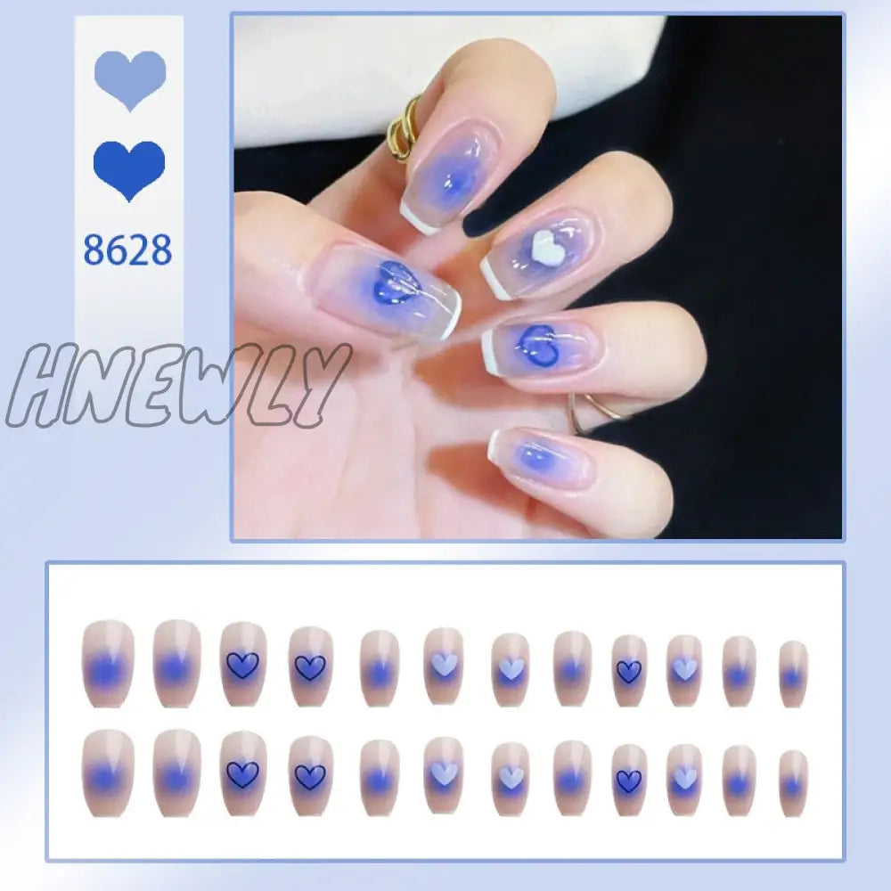 24Pcs/Box Fake Nails Press On Short Reusable With Designs Set French Artificial Pink Kawaii False