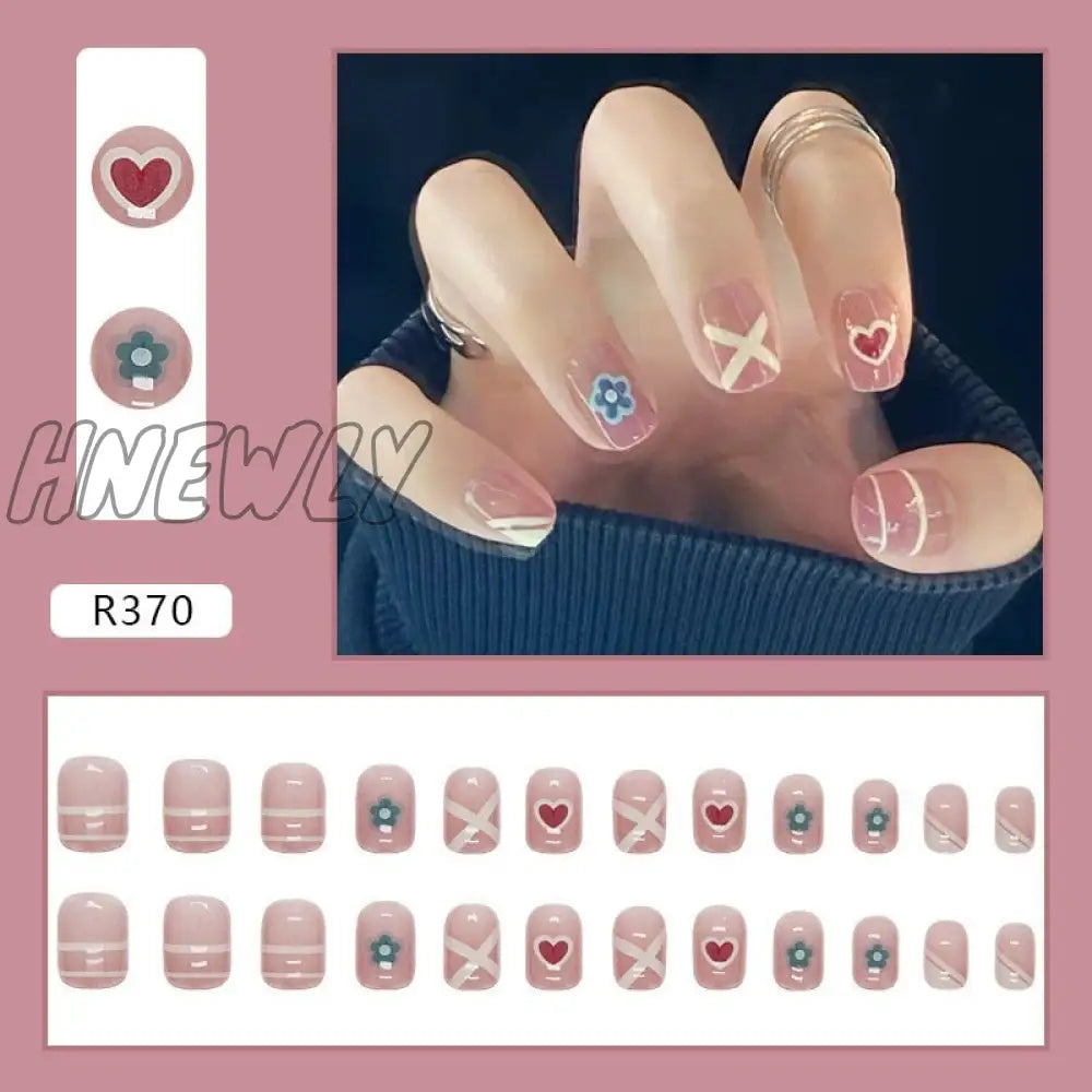 24Pcs/Box Fake Nails Press On Short Reusable With Designs Set French Artificial Pink Kawaii False