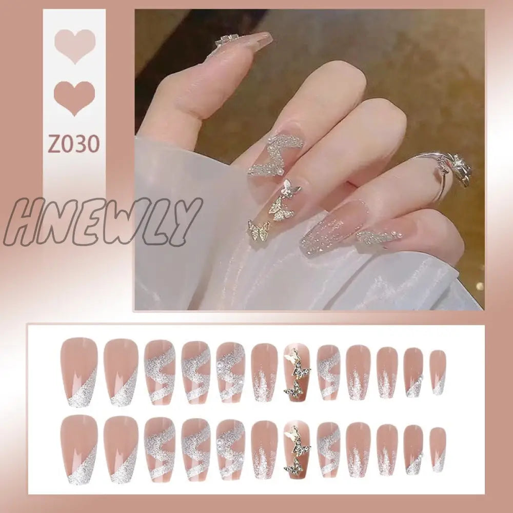 24Pcs/Box Fake Nails Press On Short Reusable With Designs Set French Artificial Pink Kawaii False
