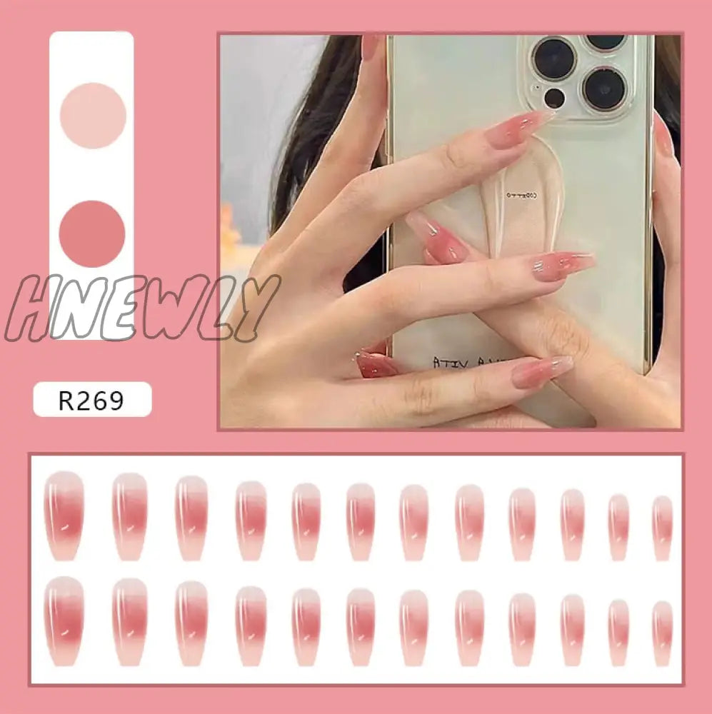 24Pcs/Box Fake Nails Press On Short Reusable With Designs Set French Artificial Pink Kawaii False