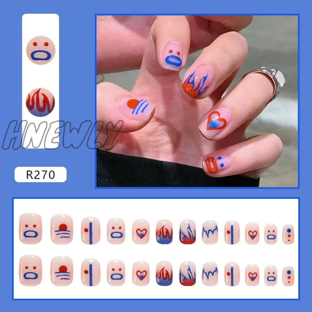 24Pcs/Box Fake Nails Press On Short Reusable With Designs Set French Artificial Pink Kawaii False