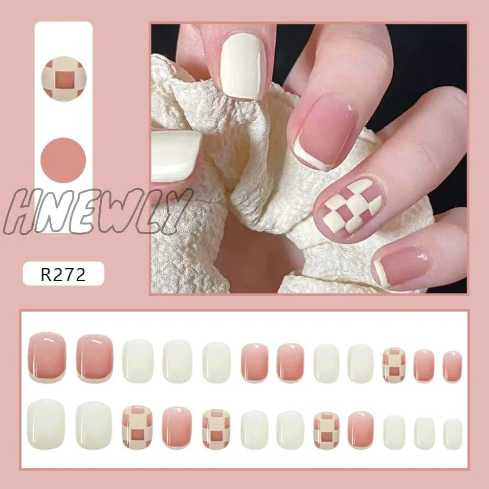 24Pcs/Box Fake Nails Press On Short Reusable With Designs Set French Artificial Pink Kawaii False