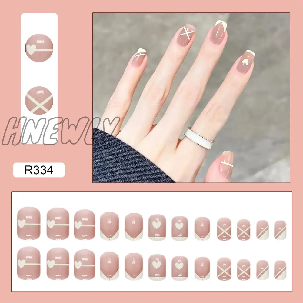 24Pcs/Box Fake Nails Press On Short Reusable With Designs Set French Artificial Pink Kawaii False