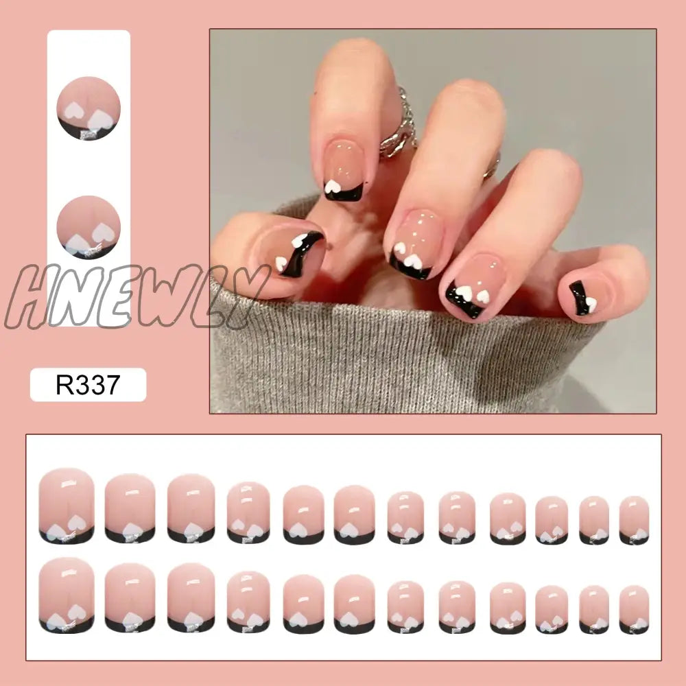 24Pcs/Box Fake Nails Press On Short Reusable With Designs Set French Artificial Pink Kawaii False