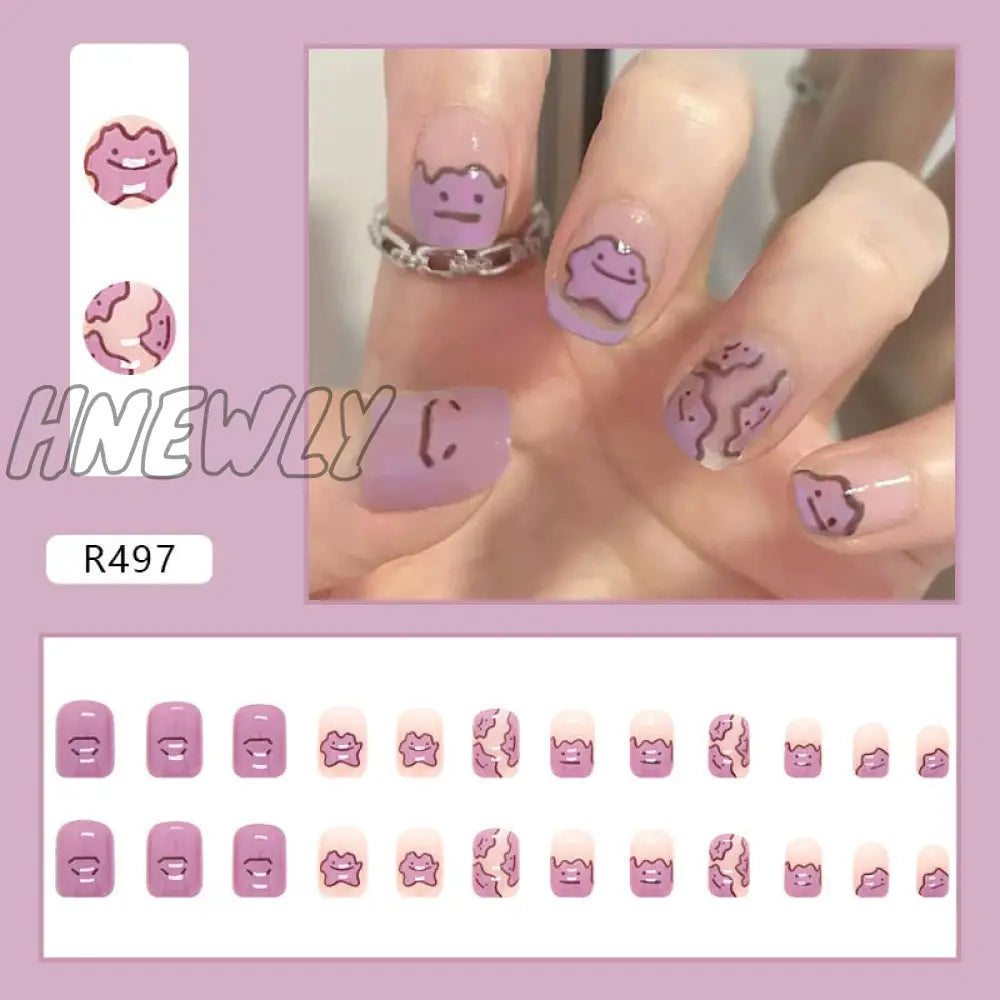 24Pcs/Box Fake Nails Press On Short Reusable With Designs Set French Artificial Pink Kawaii False