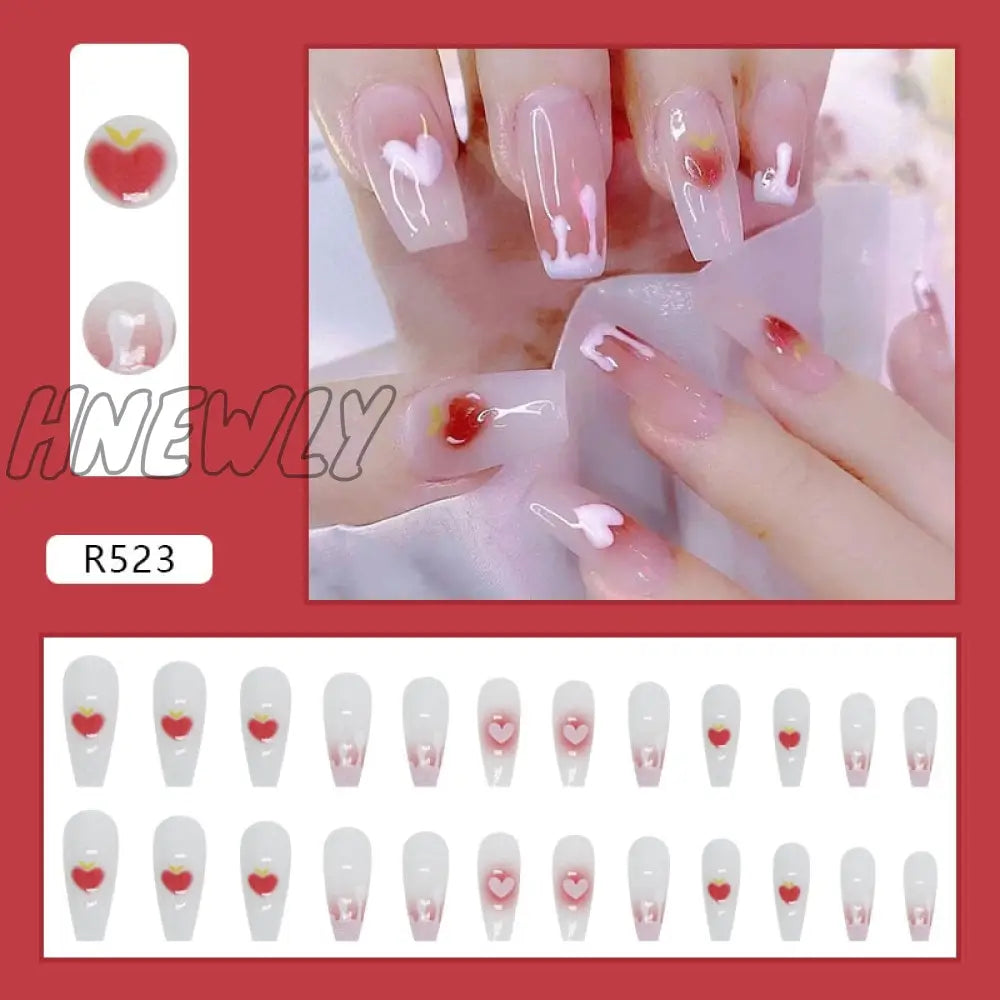 24Pcs/Box Fake Nails Press On Short Reusable With Designs Set French Artificial Pink Kawaii False