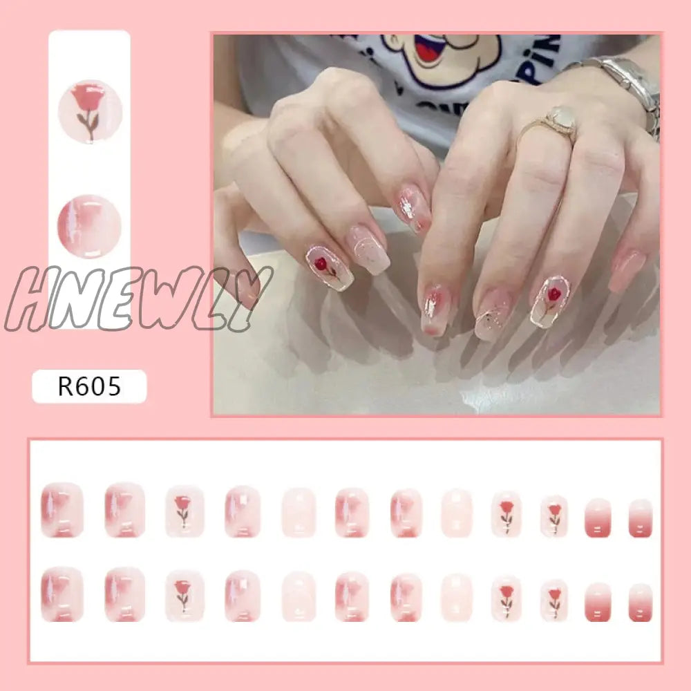 24Pcs/Box Fake Nails Press On Short Reusable With Designs Set French Artificial Pink Kawaii False