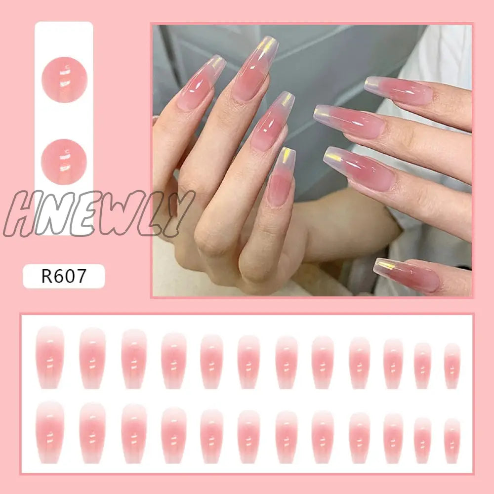 24Pcs/Box Fake Nails Press On Short Reusable With Designs Set French Artificial Pink Kawaii False