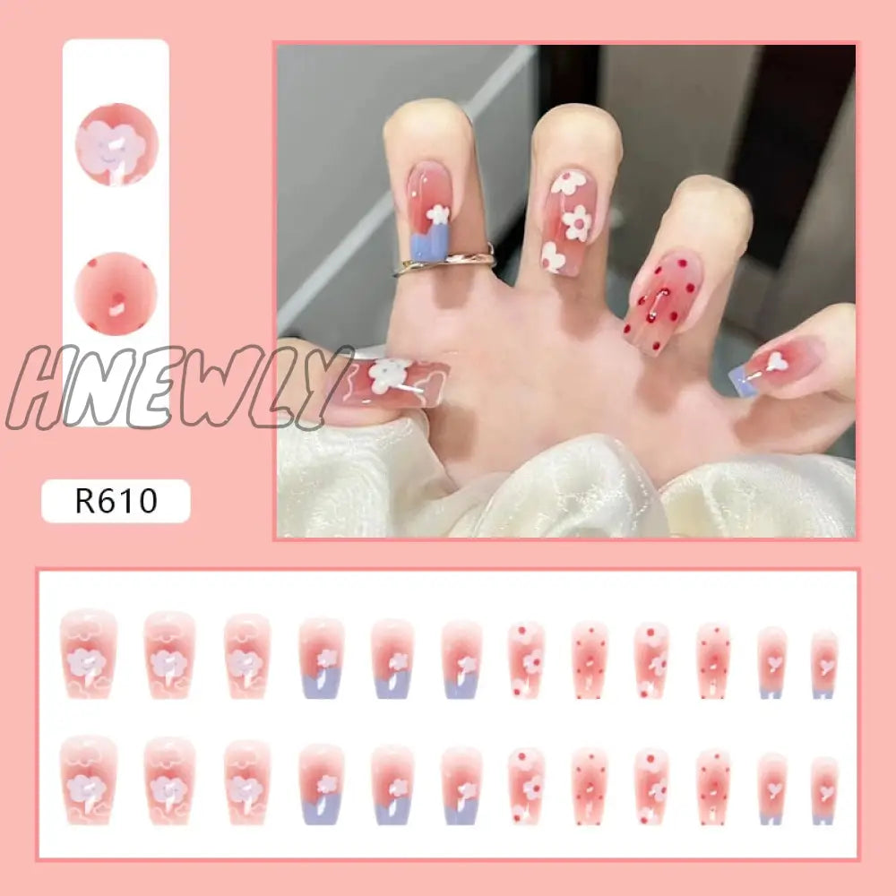 24Pcs/Box Fake Nails Press On Short Reusable With Designs Set French Artificial Pink Kawaii False