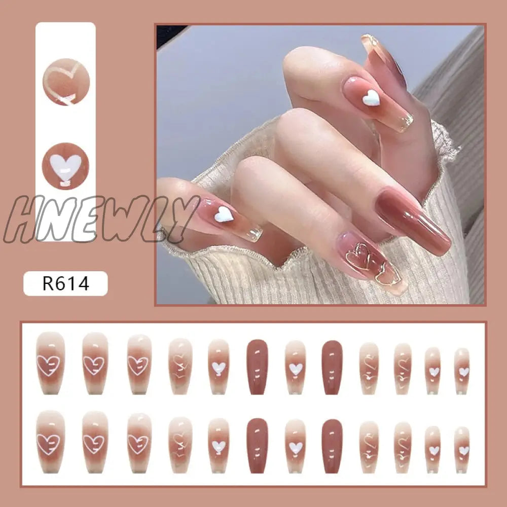 24Pcs/Box Fake Nails Press On Short Reusable With Designs Set French Artificial Pink Kawaii False
