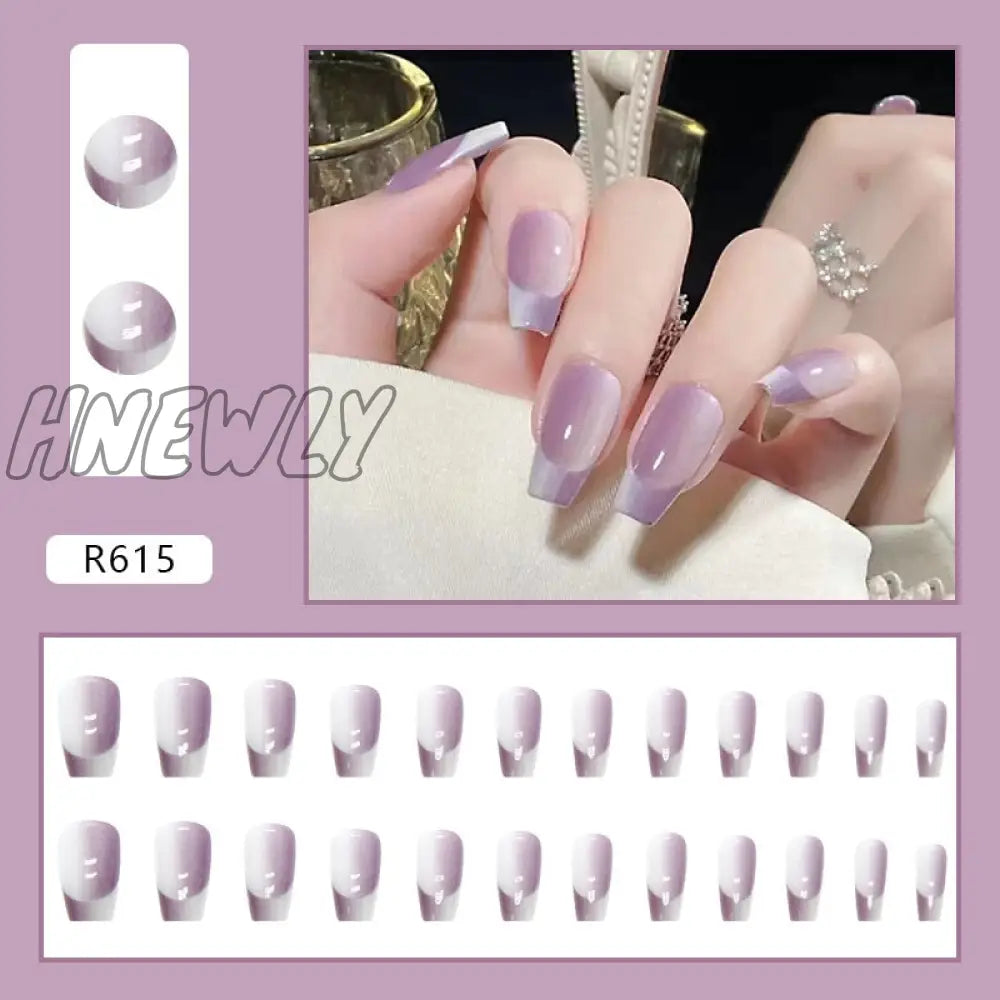 24Pcs/Box Fake Nails Press On Short Reusable With Designs Set French Artificial Pink Kawaii False