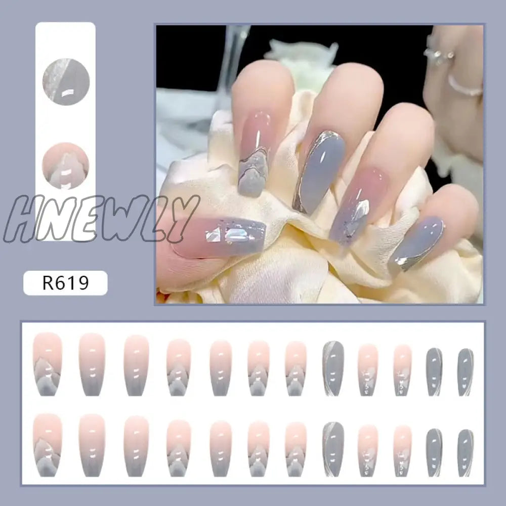 24Pcs/Box Fake Nails Press On Short Reusable With Designs Set French Artificial Pink Kawaii False