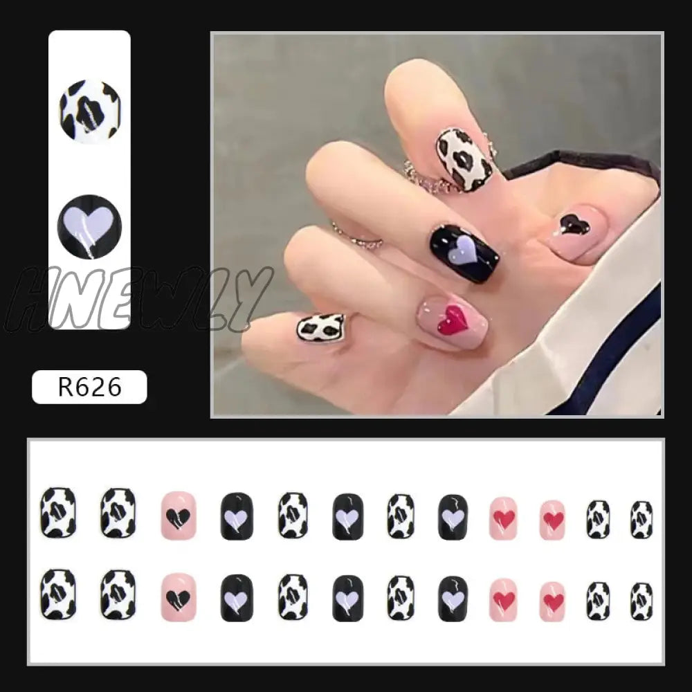 24Pcs/Box Fake Nails Press On Short Reusable With Designs Set French Artificial Pink Kawaii False