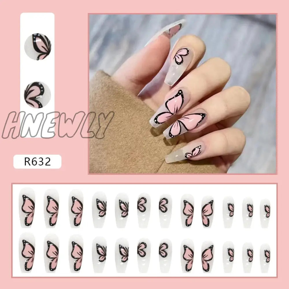24Pcs/Box Fake Nails Press On Short Reusable With Designs Set French Artificial Pink Kawaii False