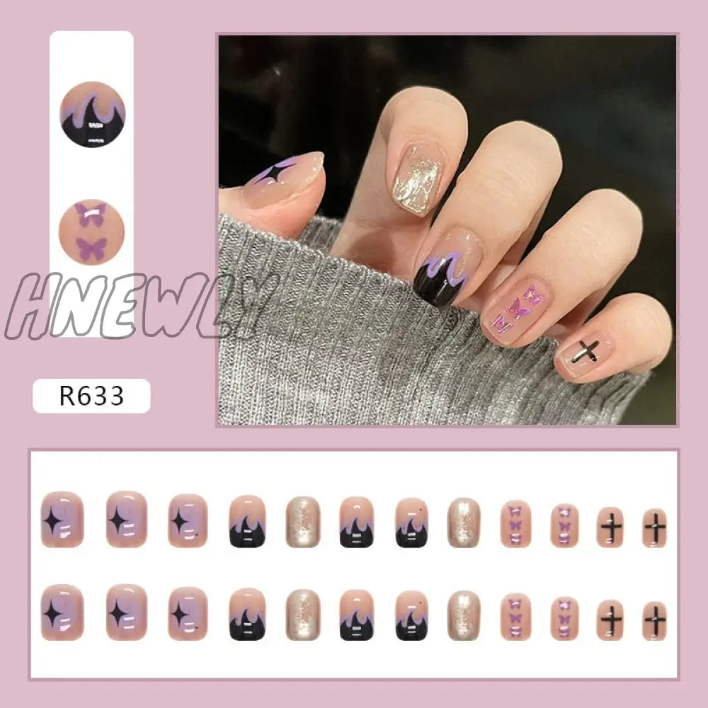 24Pcs/Box Fake Nails Press On Short Reusable With Designs Set French Artificial Pink Kawaii False