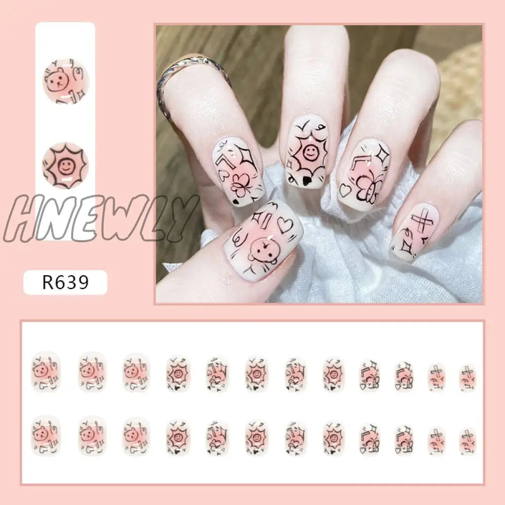 24Pcs/Box Fake Nails Press On Short Reusable With Designs Set French Artificial Pink Kawaii False