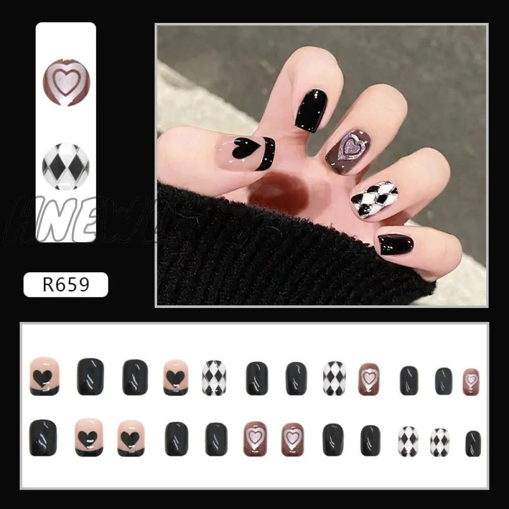 24Pcs/Box Fake Nails Press On Short Reusable With Designs Set French Artificial Pink Kawaii False