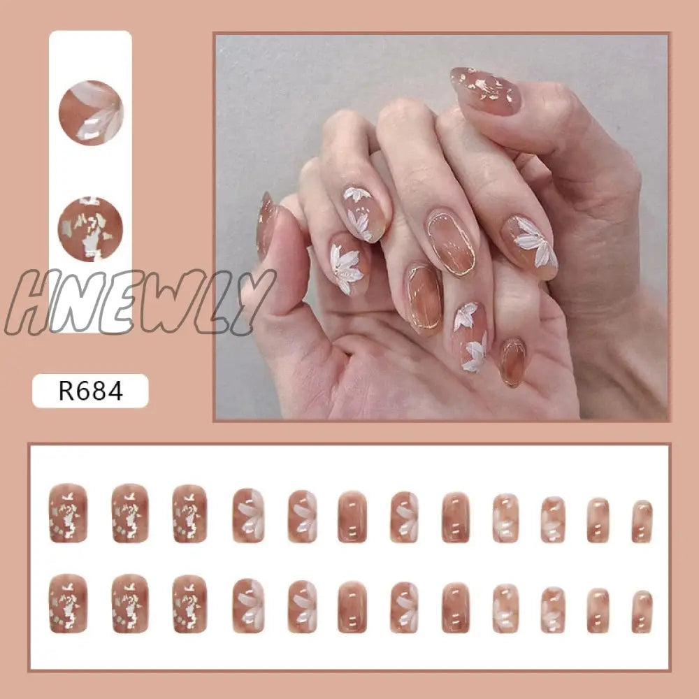 24Pcs/Box Fake Nails Press On Short Reusable With Designs Set French Artificial Pink Kawaii False