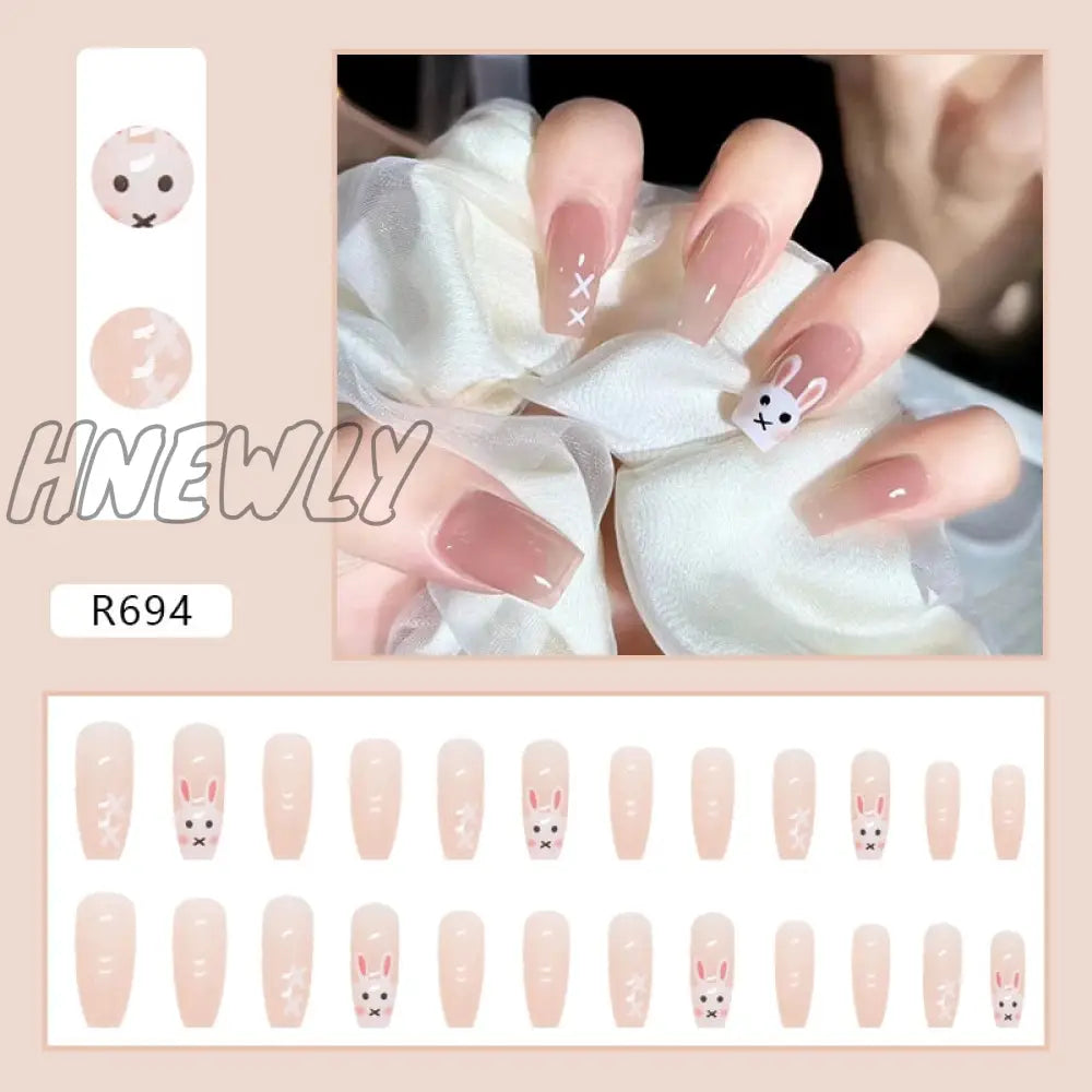 24Pcs/Box Fake Nails Press On Short Reusable With Designs Set French Artificial Pink Kawaii False