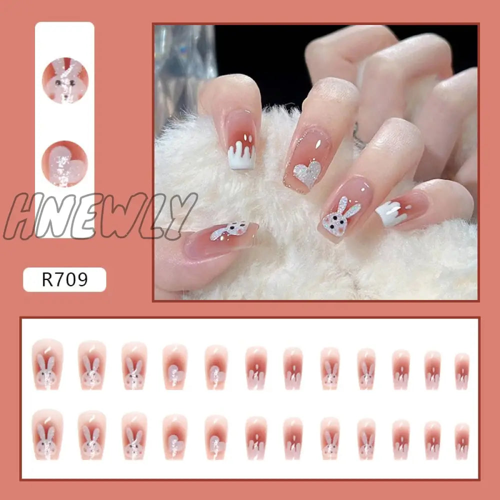 24Pcs/Box Fake Nails Press On Short Reusable With Designs Set French Artificial Pink Kawaii False