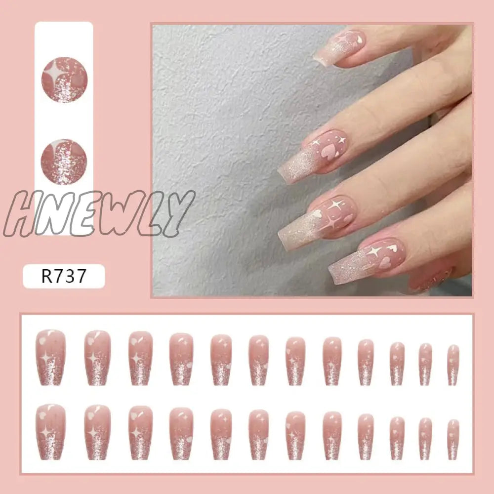 24Pcs/Box Fake Nails Press On Short Reusable With Designs Set French Artificial Pink Kawaii False
