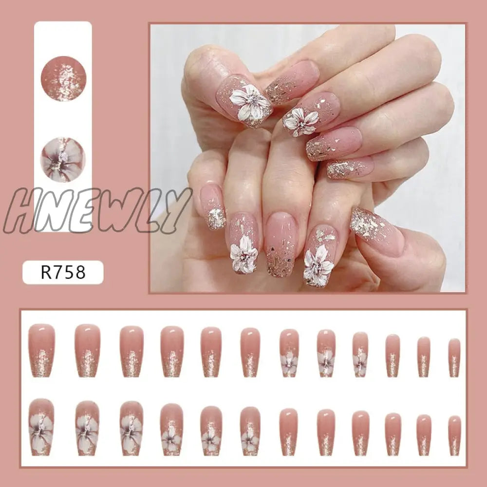 24Pcs/Box Fake Nails Press On Short Reusable With Designs Set French Artificial Pink Kawaii False