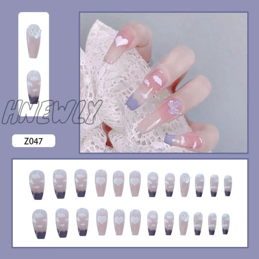 24Pcs/Box Fake Nails Press On Short Reusable With Designs Set French Artificial Pink Kawaii False