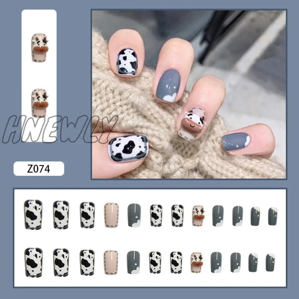 24Pcs/Box Fake Nails Press On Short Reusable With Designs Set French Artificial Pink Kawaii False