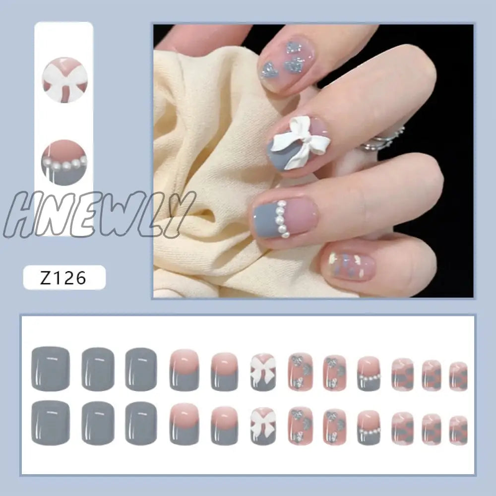 24Pcs/Box Fake Nails Press On Short Reusable With Designs Set French Artificial Pink Kawaii False