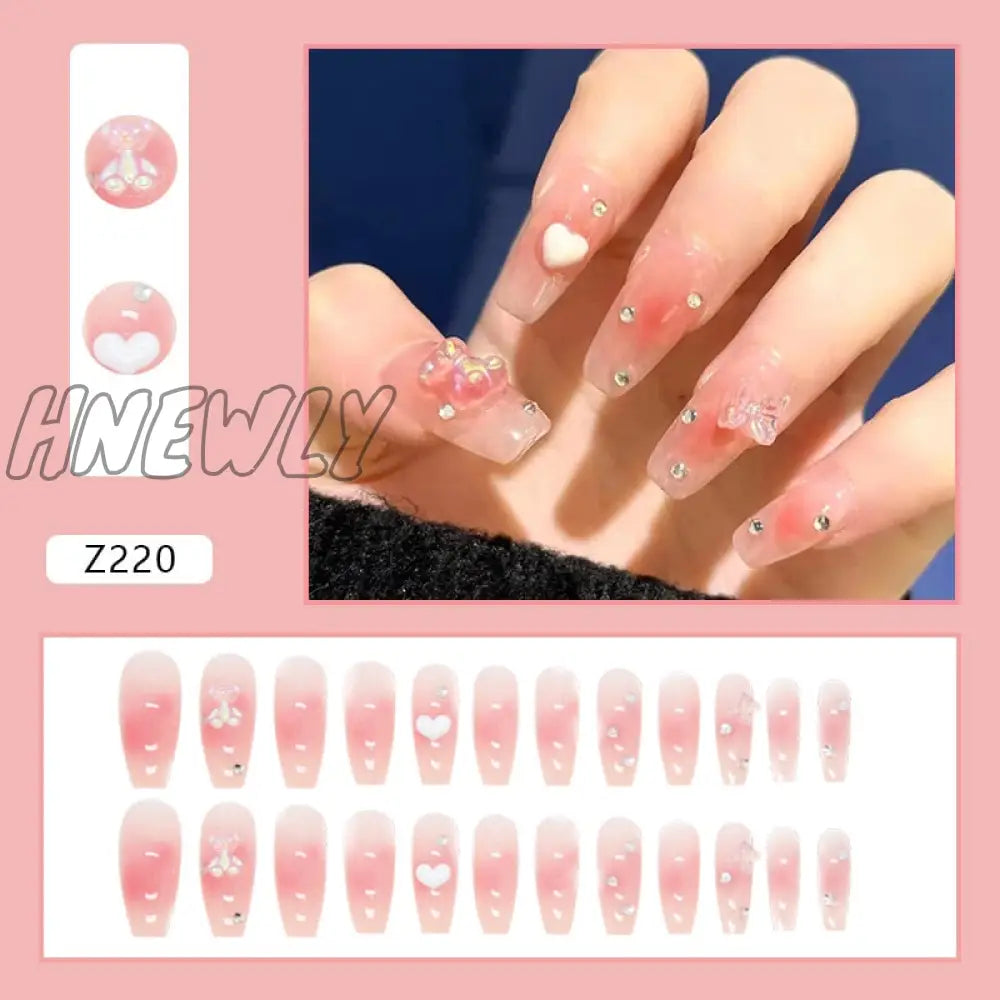 24Pcs/Box Fake Nails Press On Short Reusable With Designs Set French Artificial Pink Kawaii False