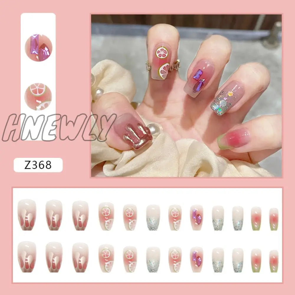 24Pcs/Box Fake Nails Press On Short Reusable With Designs Set French Artificial Pink Kawaii False