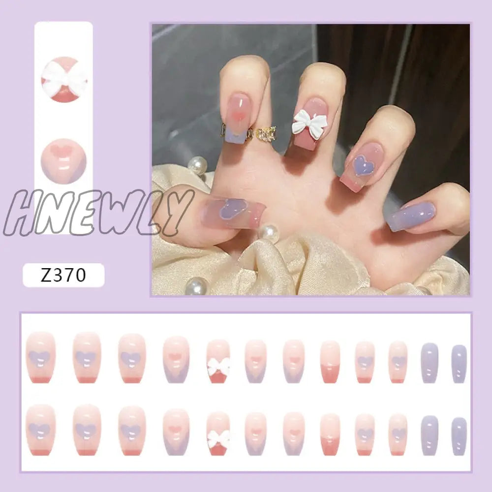 24Pcs/Box Fake Nails Press On Short Reusable With Designs Set French Artificial Pink Kawaii False
