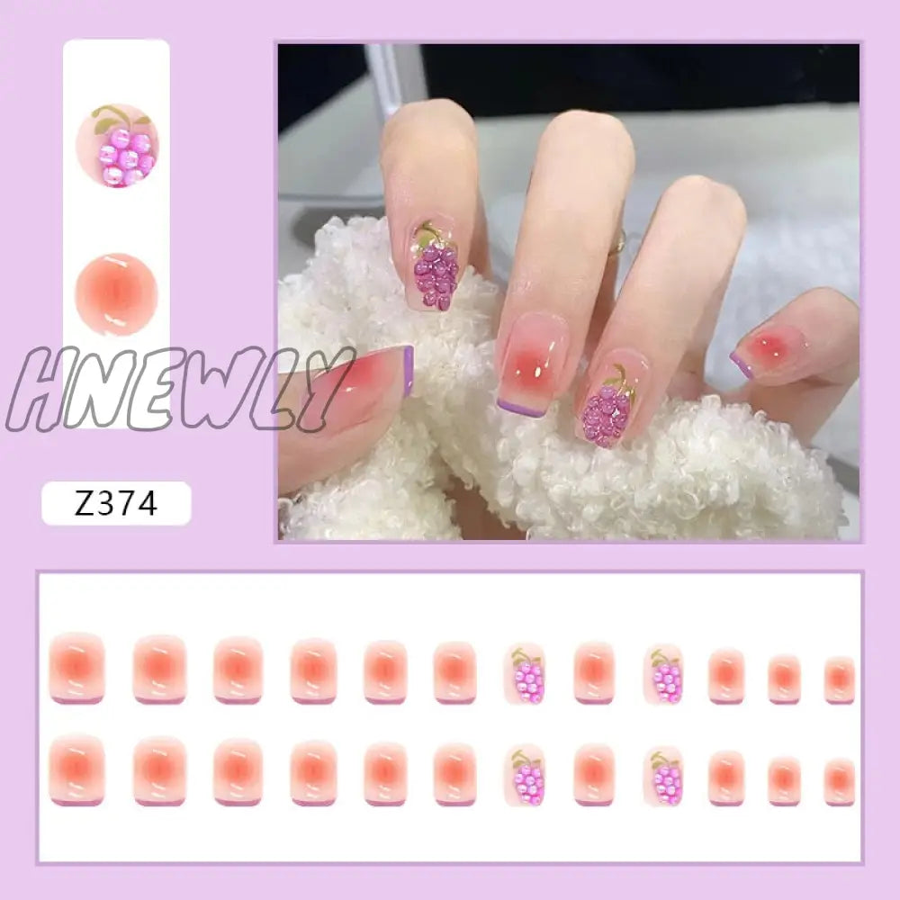 24Pcs/Box Fake Nails Press On Short Reusable With Designs Set French Artificial Pink Kawaii False