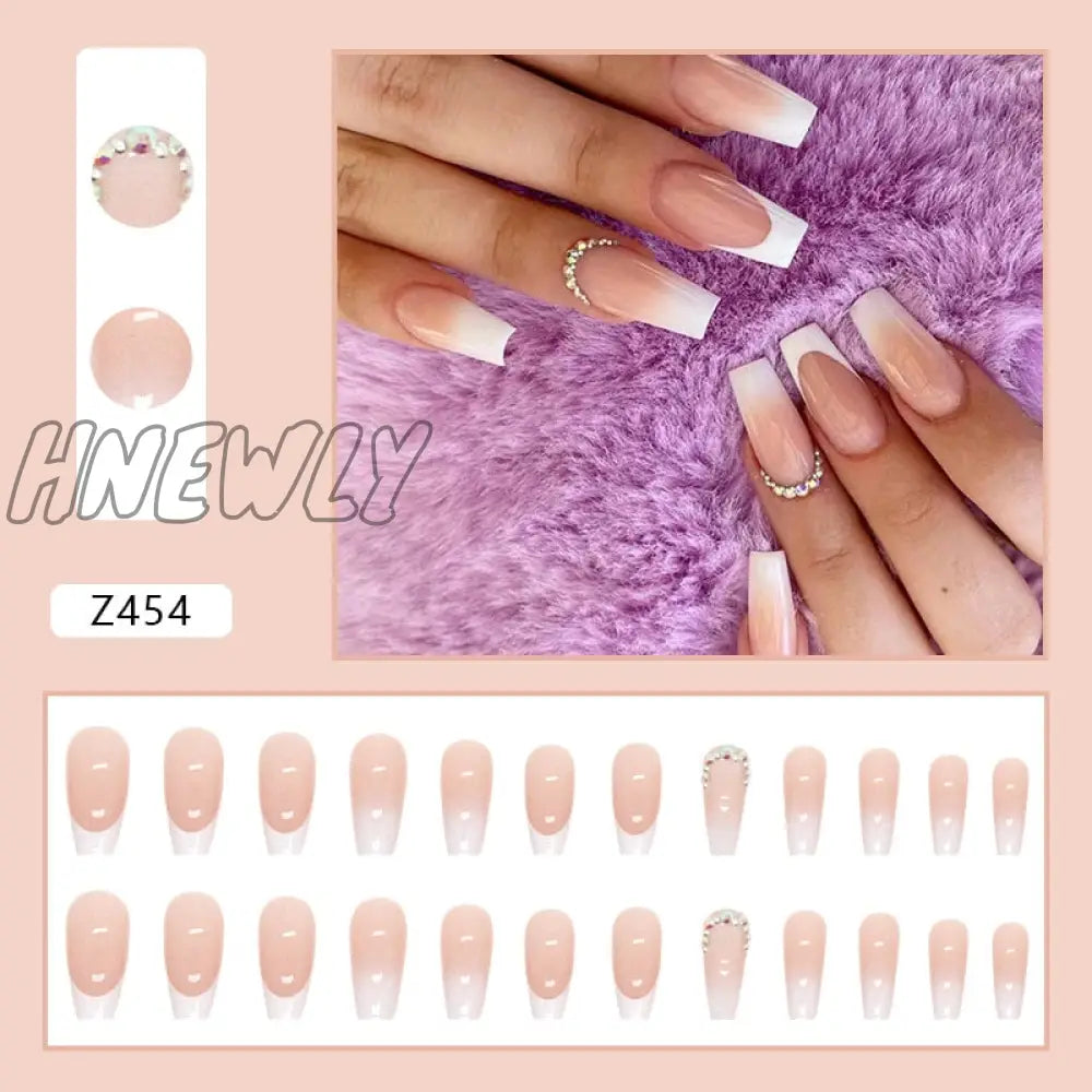 24Pcs/Box Fake Nails Press On Short Reusable With Designs Set French Artificial Pink Kawaii False