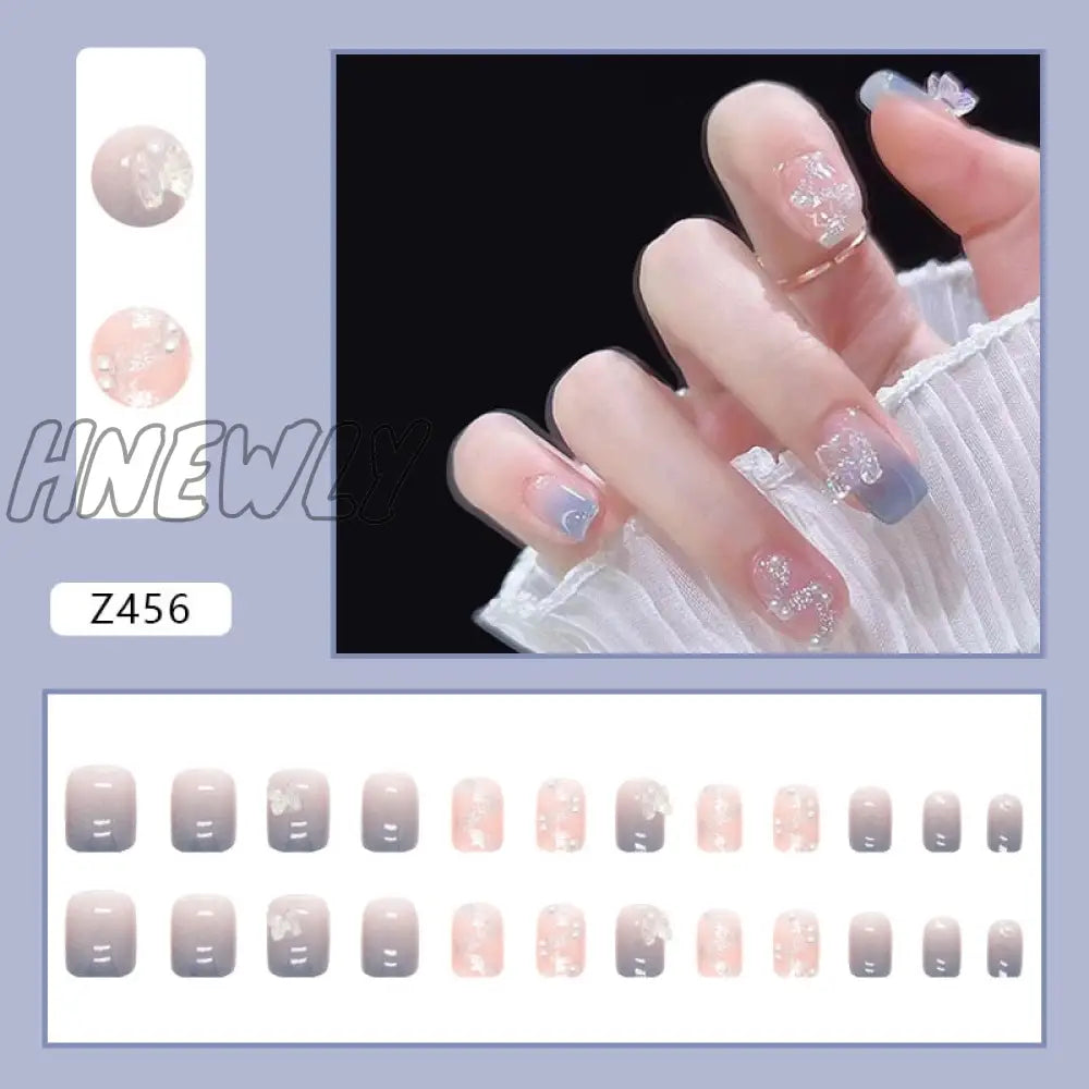 24Pcs/Box Fake Nails Press On Short Reusable With Designs Set French Artificial Pink Kawaii False