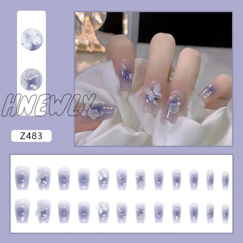 24Pcs/Box Fake Nails Press On Short Reusable With Designs Set French Artificial Pink Kawaii False